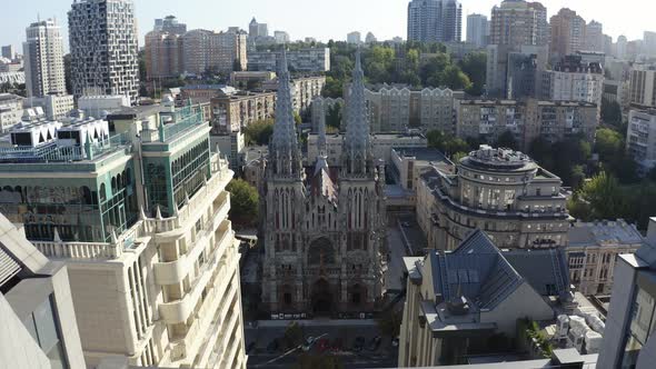 Drone Shows Gothic Style Cathedral in the Summer. Saint Nicolas Church in Kyiv, Ukraine