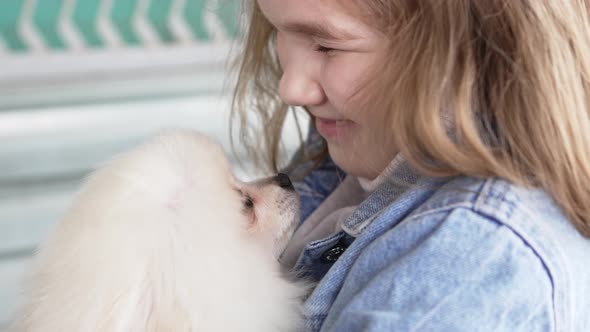 a Small and Happy Girl with a White and Fluffy Spitz Puppy