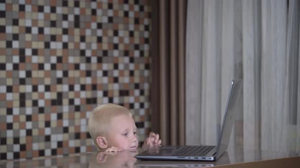 Playful child trying to type on laptop at home