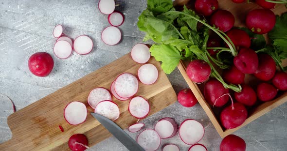 Sliced on a Cutting Board Radish Slowly Rotates 