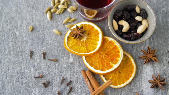Hot Mulled Wine, Orange Slices, Raisins and Spices