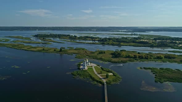 Aerial Drone Footage. Fly Around Christian Church on Island on the Dnipro River