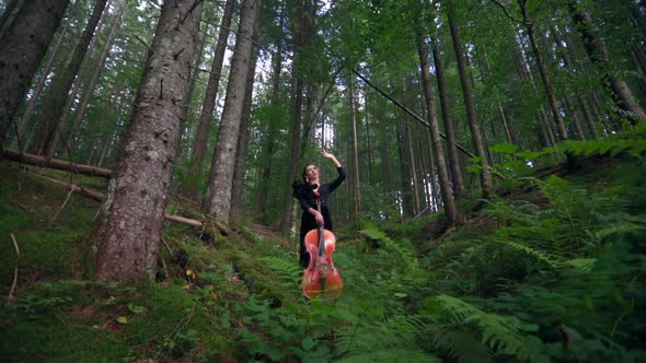 Pretty woman with cello in forest