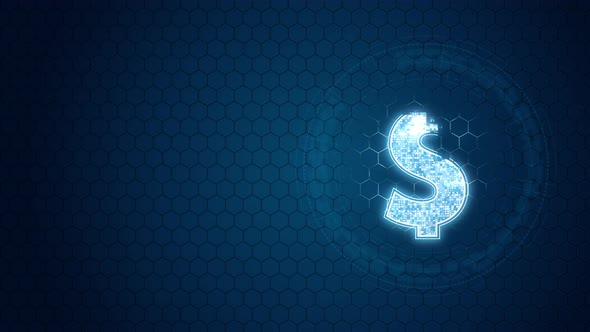 Blue digital money logo with circle rotation on hexagon shape background