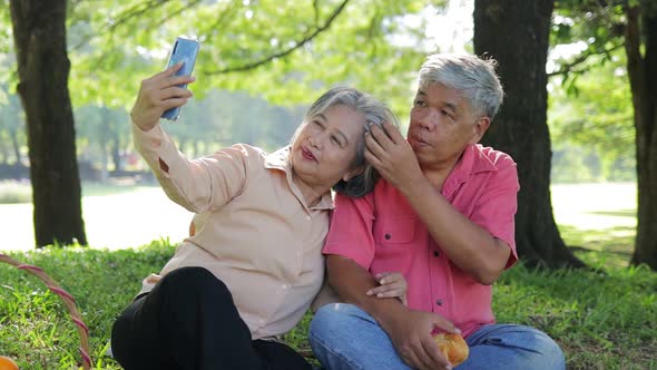 Asian elderly couple Picnic in the park in the morning
