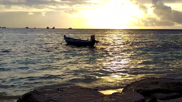 Sunny travel of marine tourist beach trip by water with sand background near sandbank