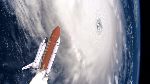 Space Shuttle Launching Over Earths Atmosphere and Hurricane alt