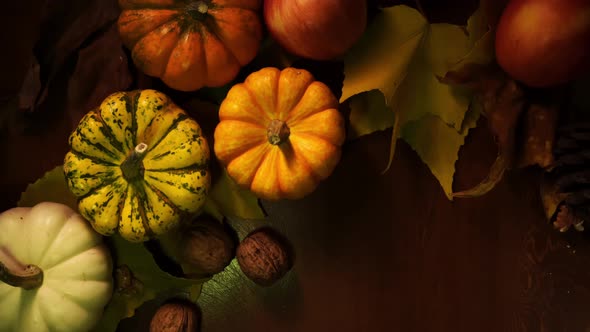 Still Life with Different Pumpkins and Apples Next to Maple Foliage with Walnut Filmed From Above