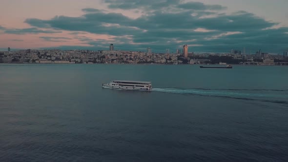 Aerial tracking of cruise ship in istanbul Bosphorus