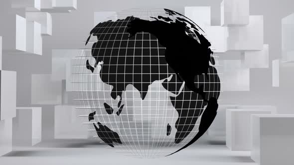 Globe turning around itself with with cube on background 4k