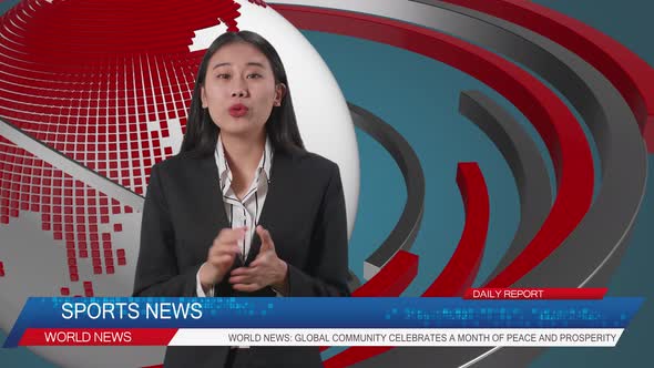 Live News Studio With Asian Professional Female Anchor Reporting On The Events Of The Day