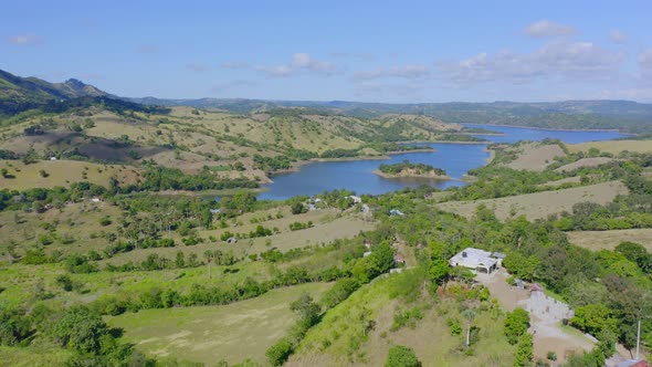 Scenic View Of Presa de Bao In Dominican Republic During Daytime - aerial drone shot