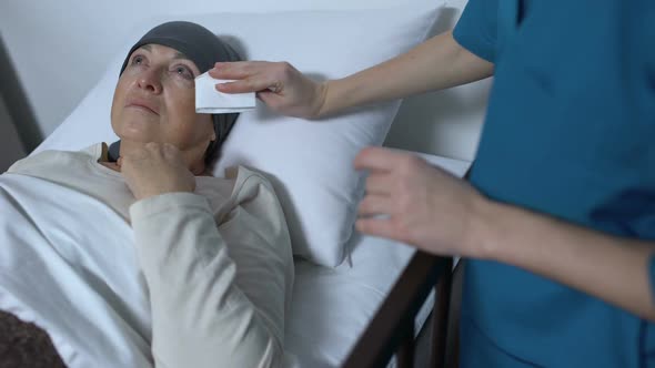 Doctor Supporting Crying Female Patient Suffering Cancer, Lying in Hospital Bed