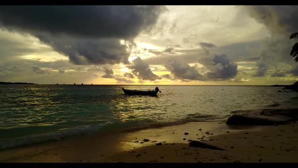 Aerial sky of idyllic resort beach wildlife by blue green sea with white sand background of a dayout