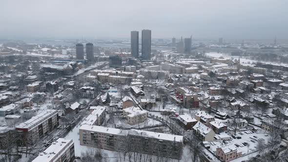 Aerial Revealing Shot of Riga Centre Flying Through Agenskalns District