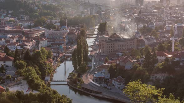 Panoramic aerial cityscape of the historical downtown of Sarajevo timelapse