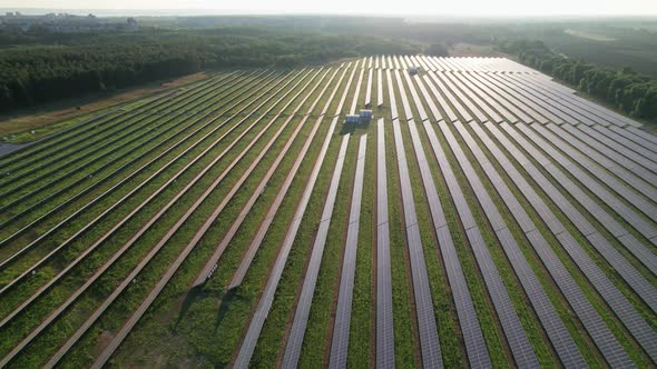 Aerial View of Solar Farm on the Green Field at Sunset Time Solar Panels in Row