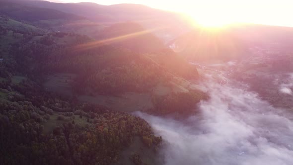 Sunrise  Misty a Cloud Inversion in a Rural Valley in Mountain Rural Landscape