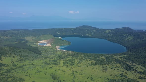 Caldera of the Golovnin Volcano with Two Lakes on Kunashir Island. Russia.