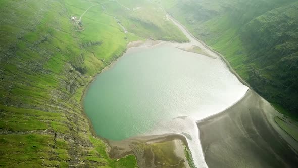 Aerial View of Lagoon in Saksun Village Faroe Islands
