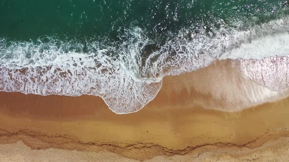 Beautiful birds eye clean view of a summer white paradise sand beach and blue sea background 