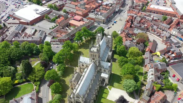 Aerial footage of the historical Selby Abbey in the town of Selby in York North Yorkshire in the UK 