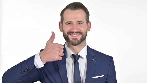 Cheerful Businessman Showing Thumbs Up, White Background
