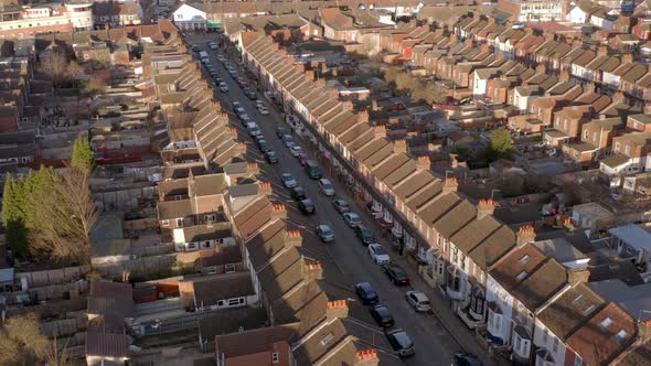 Aerial View of Terraced Working Class Housing in Luton at Sunset