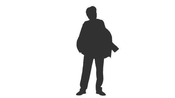 Silhouette of Businessman Stands and Takes Off Suit-Jacket alt