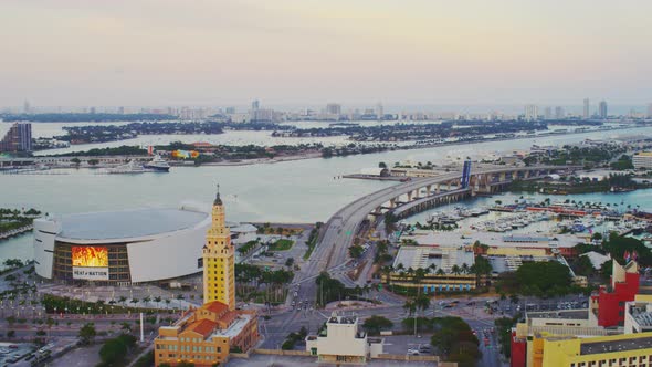 Aerial view of Miami at dusk