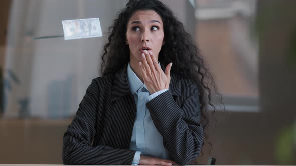 Portrait of Curly Haired Shocked Woman Embarrassed Girl Female Puzzled Businesswoman Being Uncertain