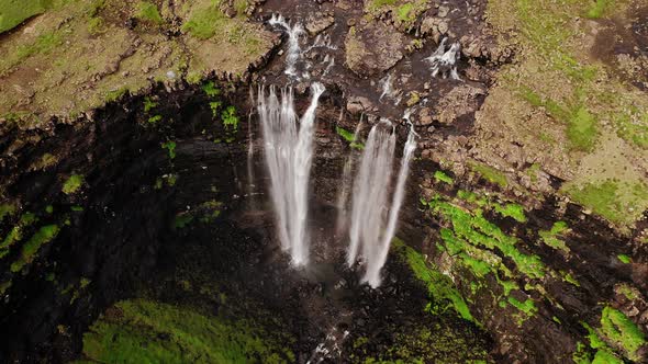 Aerial View of Stunning Waterfall in Faroe Islands