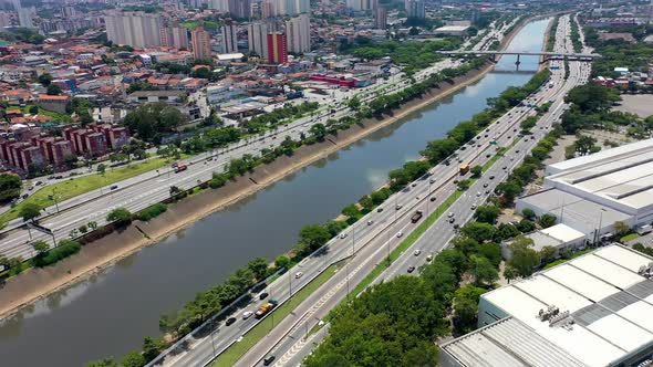 Downtown Sao Paulo Brazil. Cityscape of famous Tiete highway road.