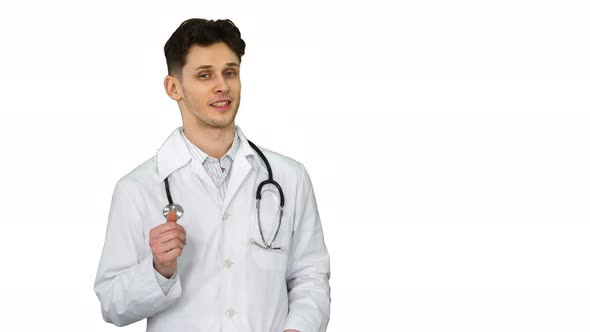 Orthopedist Talking To Camera and Dancing After Everything Will Be Fine on White Background.