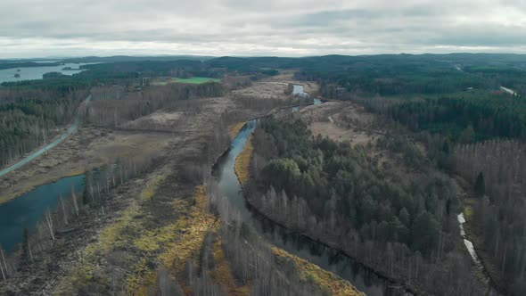 Aerial, drone shot, flying over a river surrounded by leafless autumn forest, on a cloudy fall day,