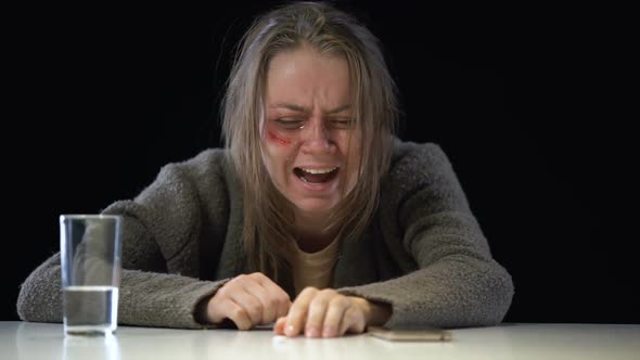 Crying Depressed Woman Calling on Phone and Taking Antidepressant, Manipulation