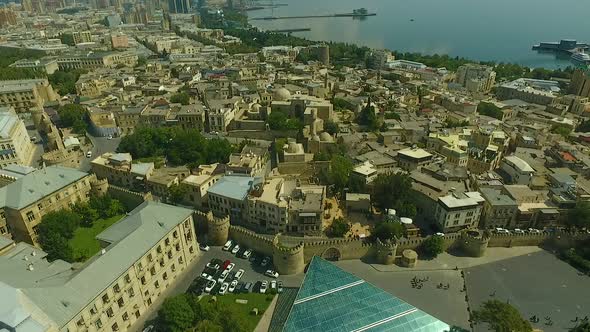 Areal drone footage of Baku old city