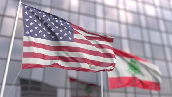 Flags of the USA and Lebanon in Front of a Skyscraper