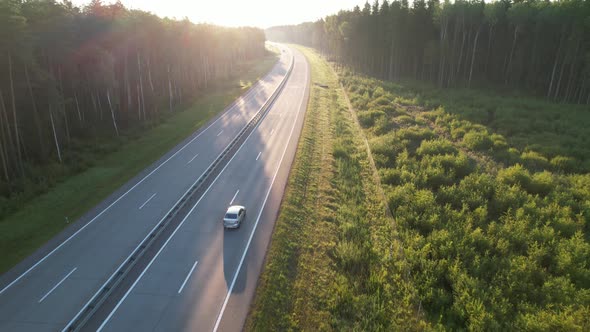 Сar drives through a scenic area in the early morning hours. Aerial view of road in beautiful forest