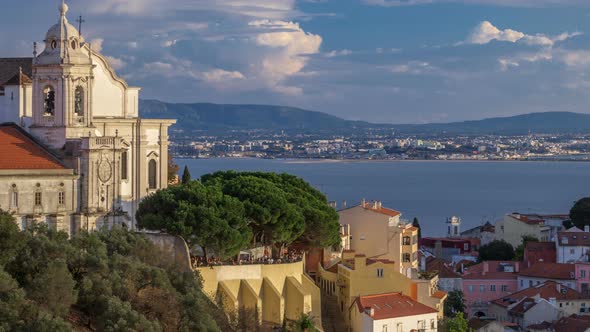 Lisbon During Sunset Aerial Panorama View of City Centre with Sophia De Mello Breyner Andresen at