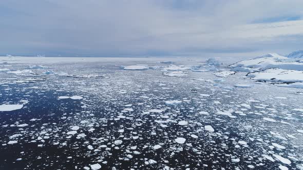 Aerial Flight Over Antarctica Ice Frozen Ocean.