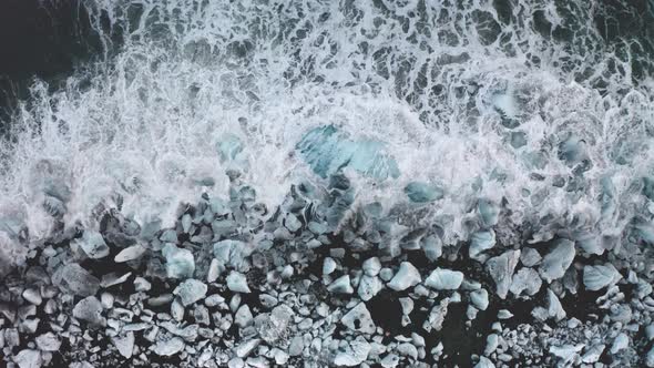 Aerial View of a Diamond Beach and Many Ice Floes. Iceland. Winter 2019