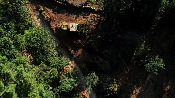 Wood Processing Factory. Aerial shot, Forest Logging Machinery Equipment