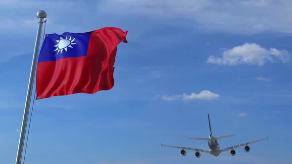 Airplane Flies Over Waving Flag of Taiwan