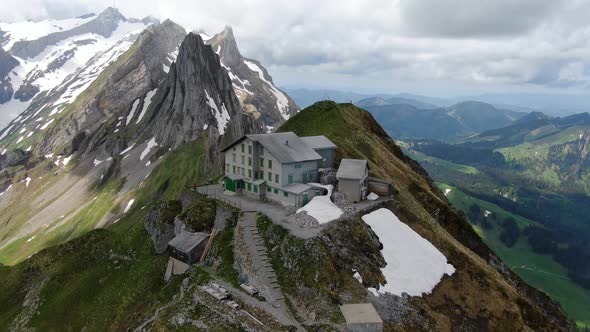 Aerial shot of the Shafler hut in Appenzell Alps, Switzerland, Europe