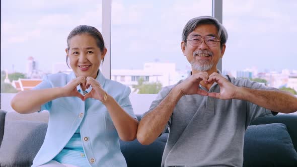 Happy senior couple showing heart symbol and shape with hands.