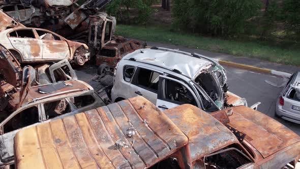 War in Ukraine a Dump of Shot and Burned Cars in Irpin Bucha District