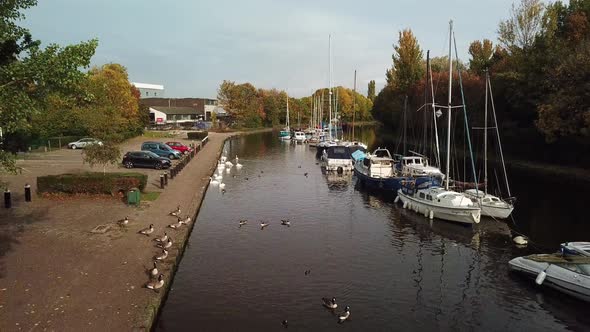 Aerial moving backwards alongside canal with swans & sail boats.