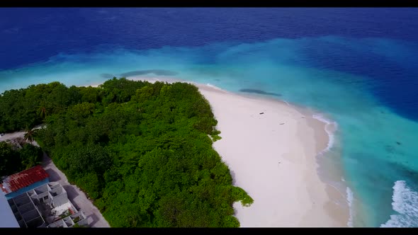 Aerial nature of tranquil coastline beach adventure by blue water and clean sandy background of adve