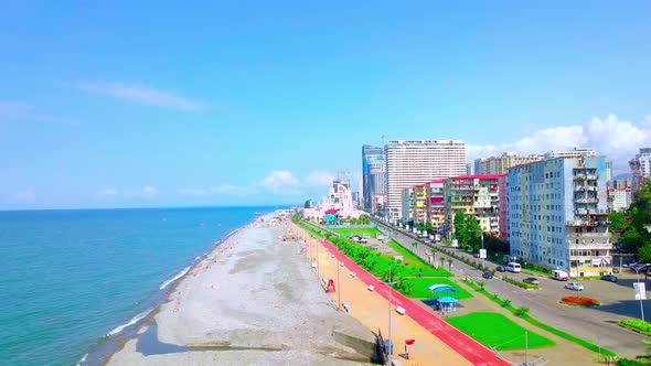 Drone view of first coastline and embankment city of Batumi in Georgia, Adjara